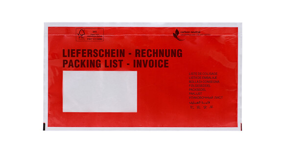 Dokumentenschutztasche DIN Lang, CPP, Motiv: &quot;Lieferschein, Rechnungen, Packing List, Invoice&quot;, B 240 mm x L 131 mm, Innenmaß: B 230 mm x L 121 mm, transparent, Querformat; mit Adhäsionsverschluss, Lasche separat, A-Nr.: 88048 - 01