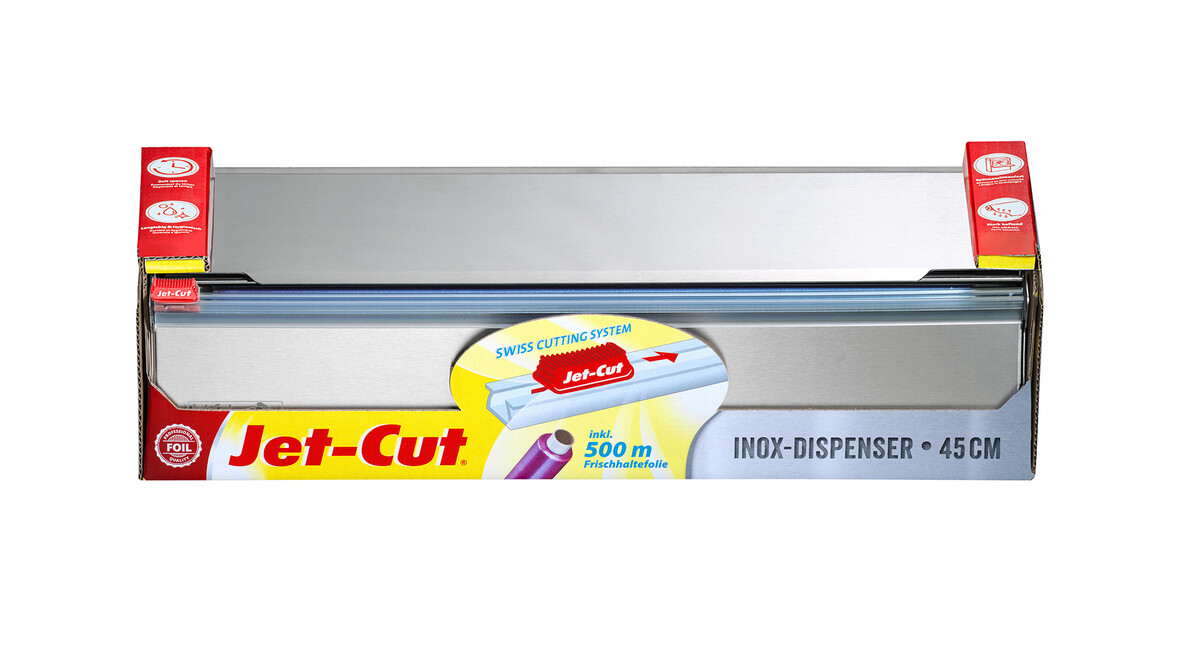 Folienspender Inox Starter-Set für Jet-Cut Refill 450 mm, inkl. 1 Rolle Frischhaltefolie Jet-Cut Refill PVC 450 mm x 500 lfm, A-Nr.: 16715 - 01