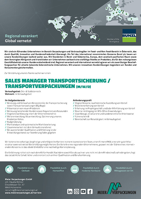 Sales Manager Transportverpackungen und Transportsicherung, Außendienst in Südösterreich und Ostösterreich