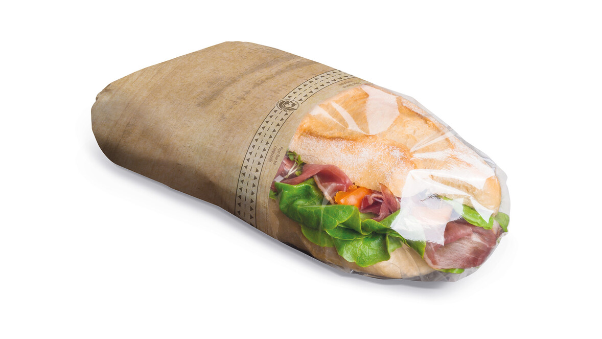 Snacktasche XL für Sandwiches &amp; Co, Kraftpapier braun/Sichtfenster Zellulose, Motiv: "Holzoptik", B 303 mm x L 400 mm, braun, fettdicht: Ja, A-Nr.: 96499 - 01