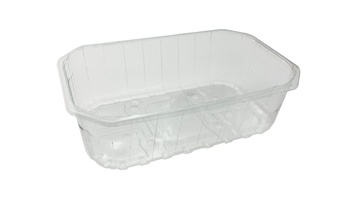 Kunststoffschale, F-500/F-58, RPET, L 190 mm x B 115 mm x H 58 mm, transparent, mit Löcher, A-Nr.: 10754 Kunststoffschale, F-500/F-58, RPET, L 190 mm x B 115 mm x H 58 mm, transparent, mit Löcher, A-Nr.: 10754 - 01