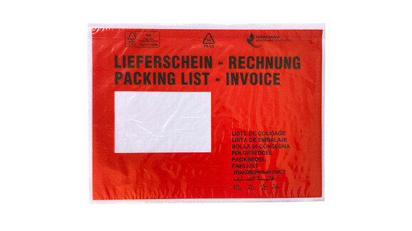 Dokumentenschutztasche C5, LDPE, Motiv: "Lieferschein, Rechnungen, Packing List, Invoice", B 235 mm x L 175 mm, Innenmaß: B 225 mm x L 165 mm, transparent, Querformat, mit Adhäsionsverschluss, Lasche separat, FSC-zertifiziert, A-Nr.: 16500 Dokumentenschutztasche C5, LDPE, Motiv: "Lieferschein, Rechnungen, Packing List, Invoice", B 235 mm x L 175 mm, Innenmaß: B 225 mm x L 165 mm, transparent, Querformat, mit Adhäsionsverschluss, Lasche separat, FSC-zertifiziert, A-Nr.: 16500 - 01