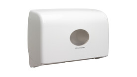 Toilettenpapierspender Kimberly-Clark Aquarius™ Twin Mini Jumbo 6947, L 29,2 cm x B 45,9 cm x H 12,3 cm, weiß, manuelle Entnahme, Verschlussart: Schlüssel und Druckknopf, A-Nr.: 18283 - 01