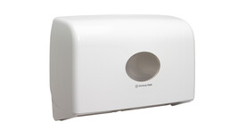 Toilettenpapierspender Kimberly-Clark Aquarius™ Twin Mini Jumbo 6947, L 29,2 cm x B 45,9 cm x H 12,3 cm, weiß, manuelle Entnahme, Verschlussart: Schlüssel und Druckknopf, A-Nr.: 18283 - 01