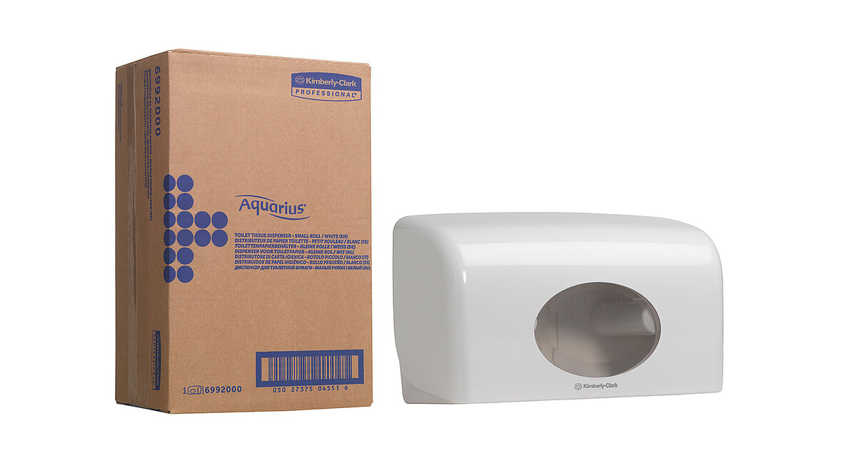 Toilettenpapierspender Kimberly-Clark Aquarius™ Twin Kleinrollen 6992, L 18 cm x B 29,8 cm x H 12,8 cm, weiß, manuelle Entnahme, Verschlussart: Schlüssel und Druckknopf, A-Nr.: 18285 - 02