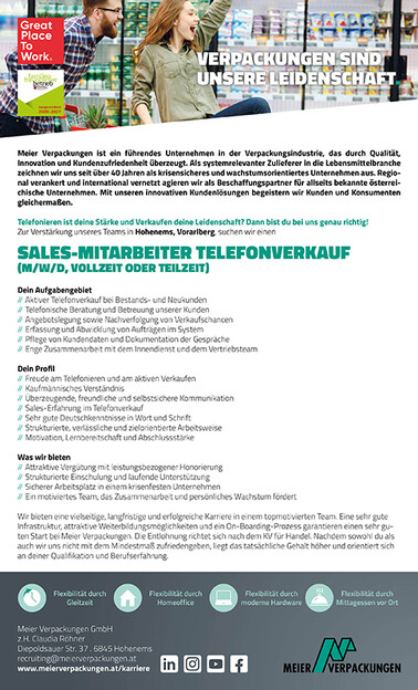 Salesmitarbeiter Telefonverkauf Hohenems