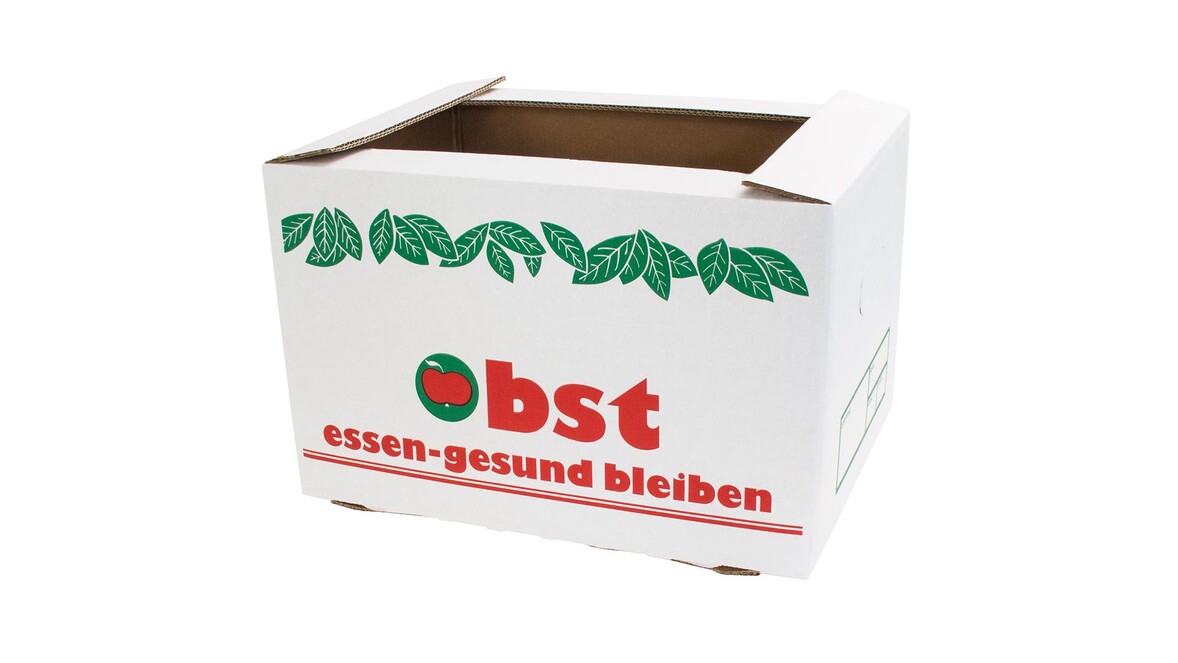 Kartonsteige zum Stecken für 10 kg, Motiv: &quot;Obst essen - gesund bleiben (neutral)&quot;, IM: L 376 mm x B 281 mm x H 232 mm, Qualität: 335 EB, weiß/braun, A-Nr.: 01405 - 01