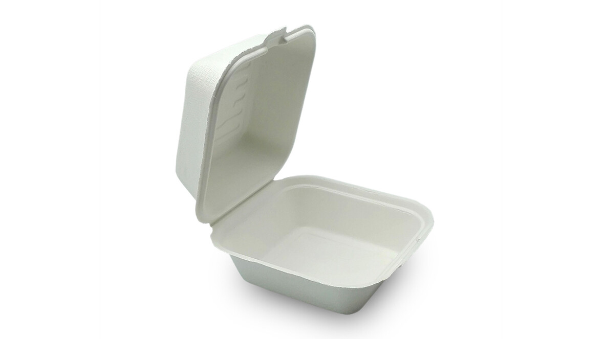 Menübox to go, 550 ml, Bagasse, 152,9 x 147 x 44,2 mm, weiß, ungeteilt, mit anhängendem Deckel, A-Nr.: 95122 - 01